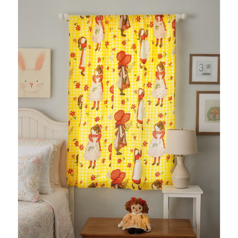 Vintage‎ Holly Hobbie Cotton Curtain Panel Yellow Gingham Girls 59x40